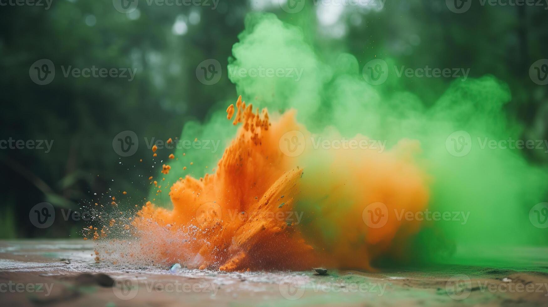 Orange et vert Couleur poudre éclaboussure. concept pour Inde indépendance jour, 15e de août, génératif ai photo