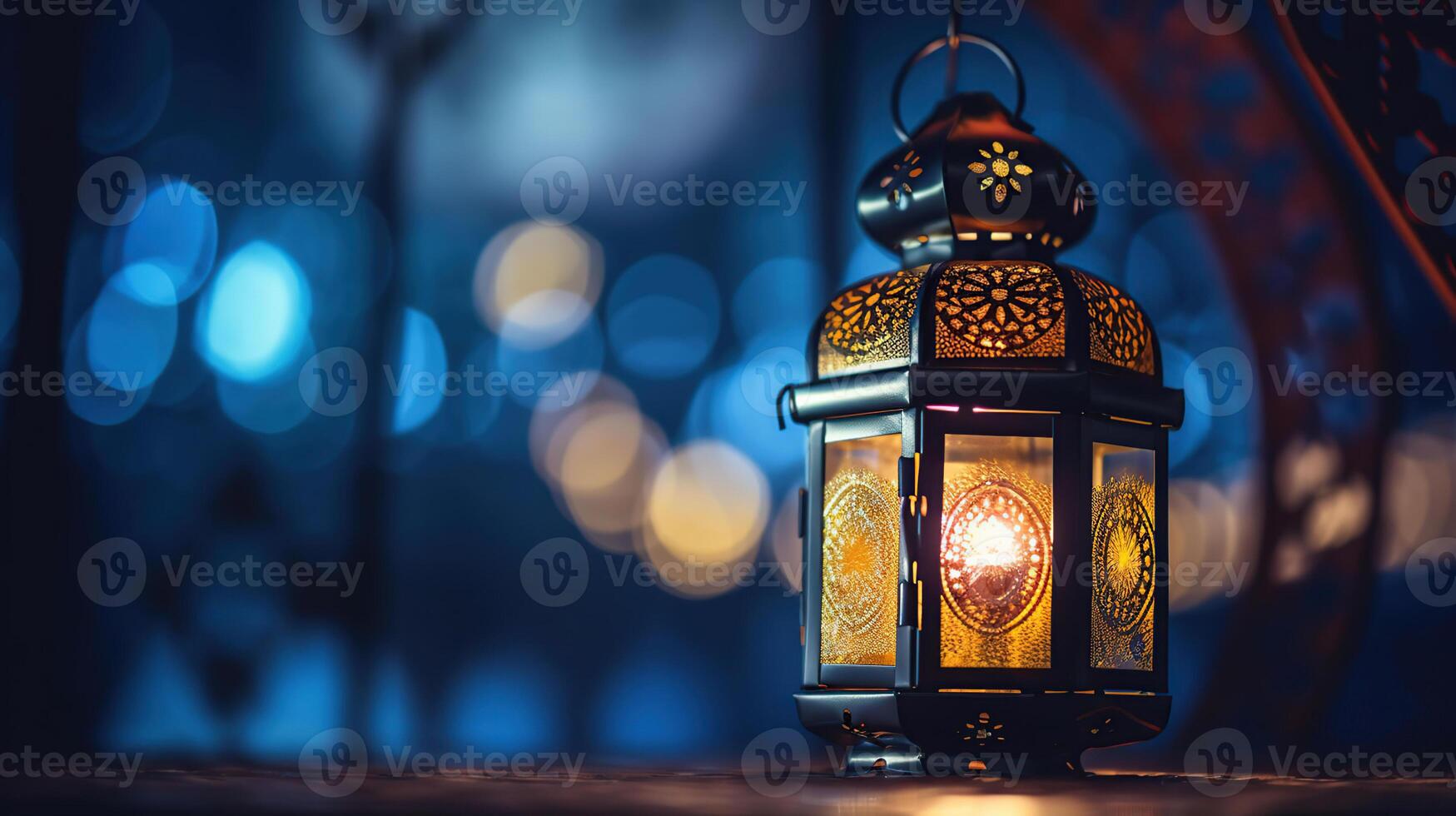 Ramadan kareem - lune et arabe lanterne avec abstrait défocalisé lumières - eid ul fitri, eid ul un d Ha, génératif ai photo