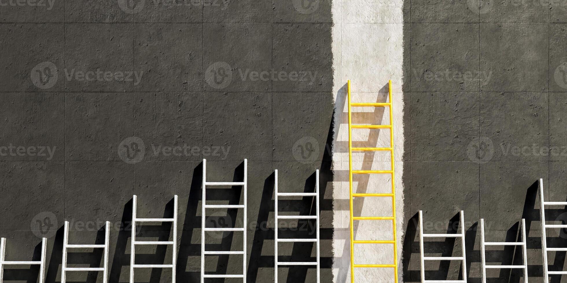 Échelles métalliques sur mur de béton noir avec une échelle d'or, rendu 3d photo