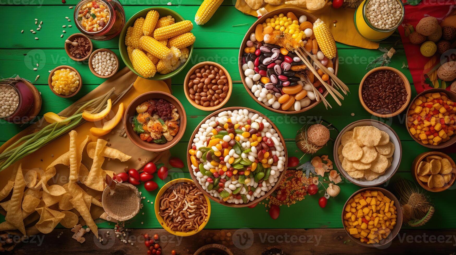 festa Junina fête Contexte avec Popcorn, cacahuètes et traditionnel bonbons, génératif ai photo