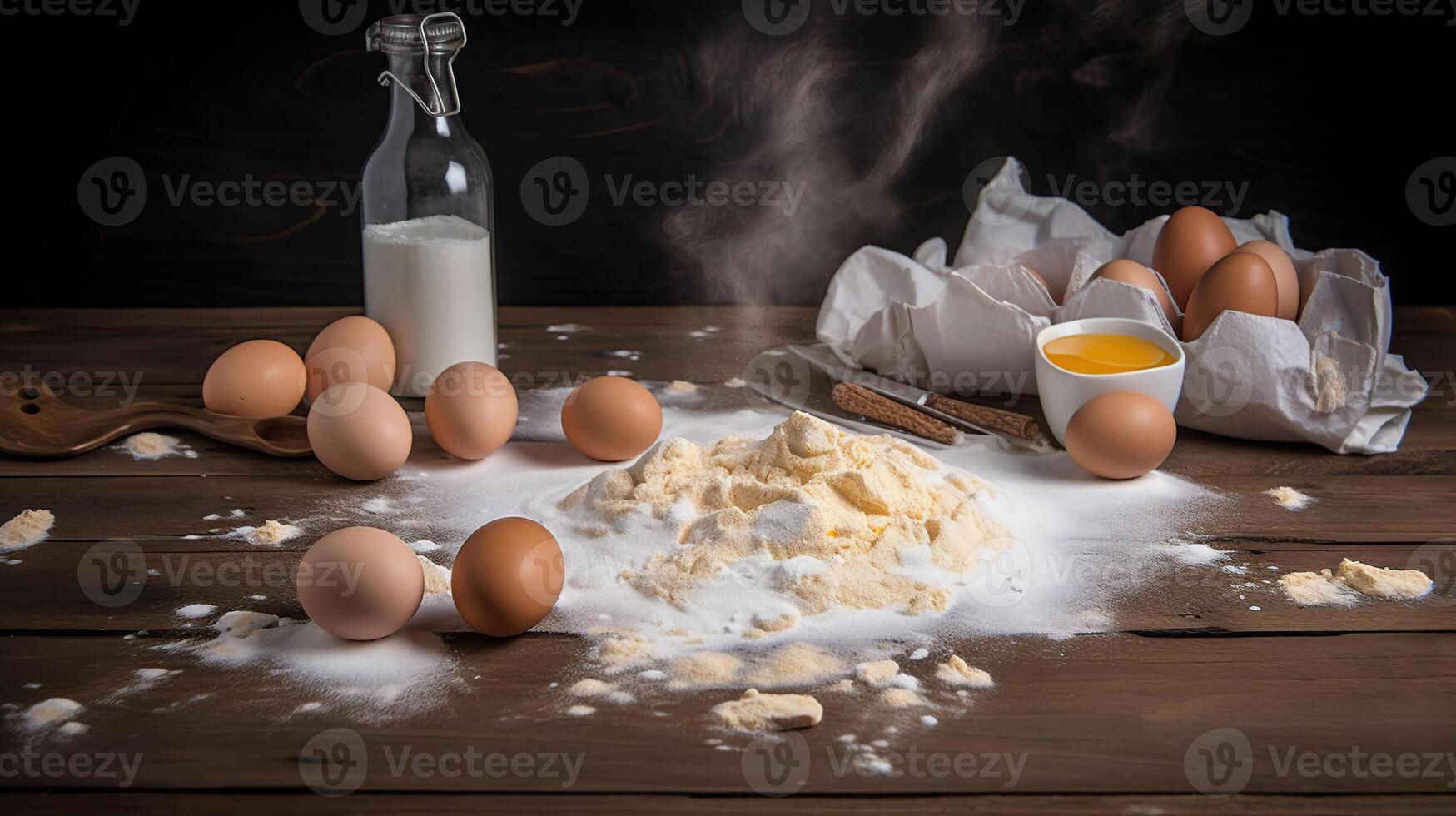 blé farine avec œufs, pétrole et Lait sur tableau, génératif ai photo