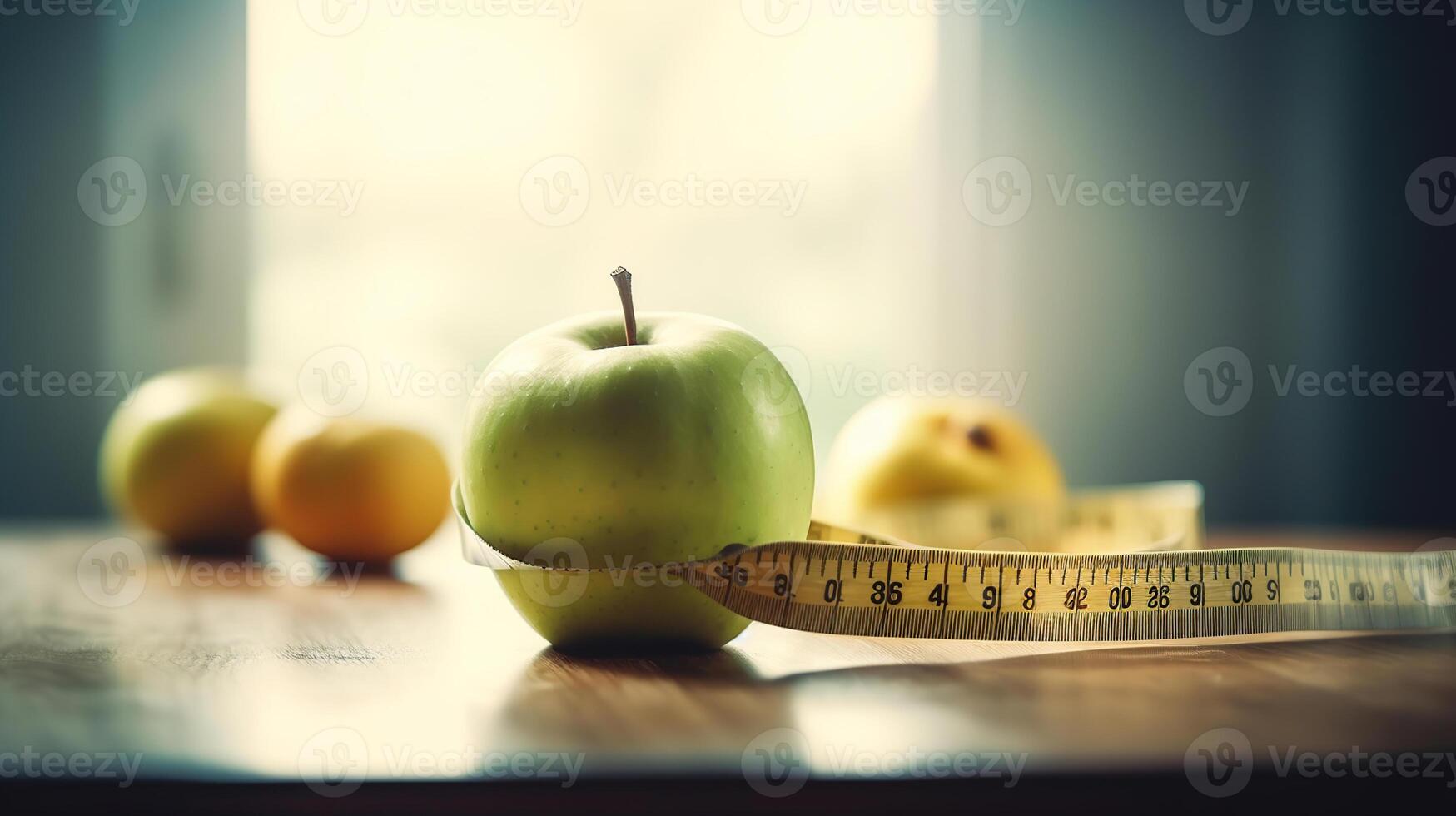 en bonne santé régime et poids perte concept, Pomme et ruban mesure sur le nutritionniste bureau, génératif ai photo