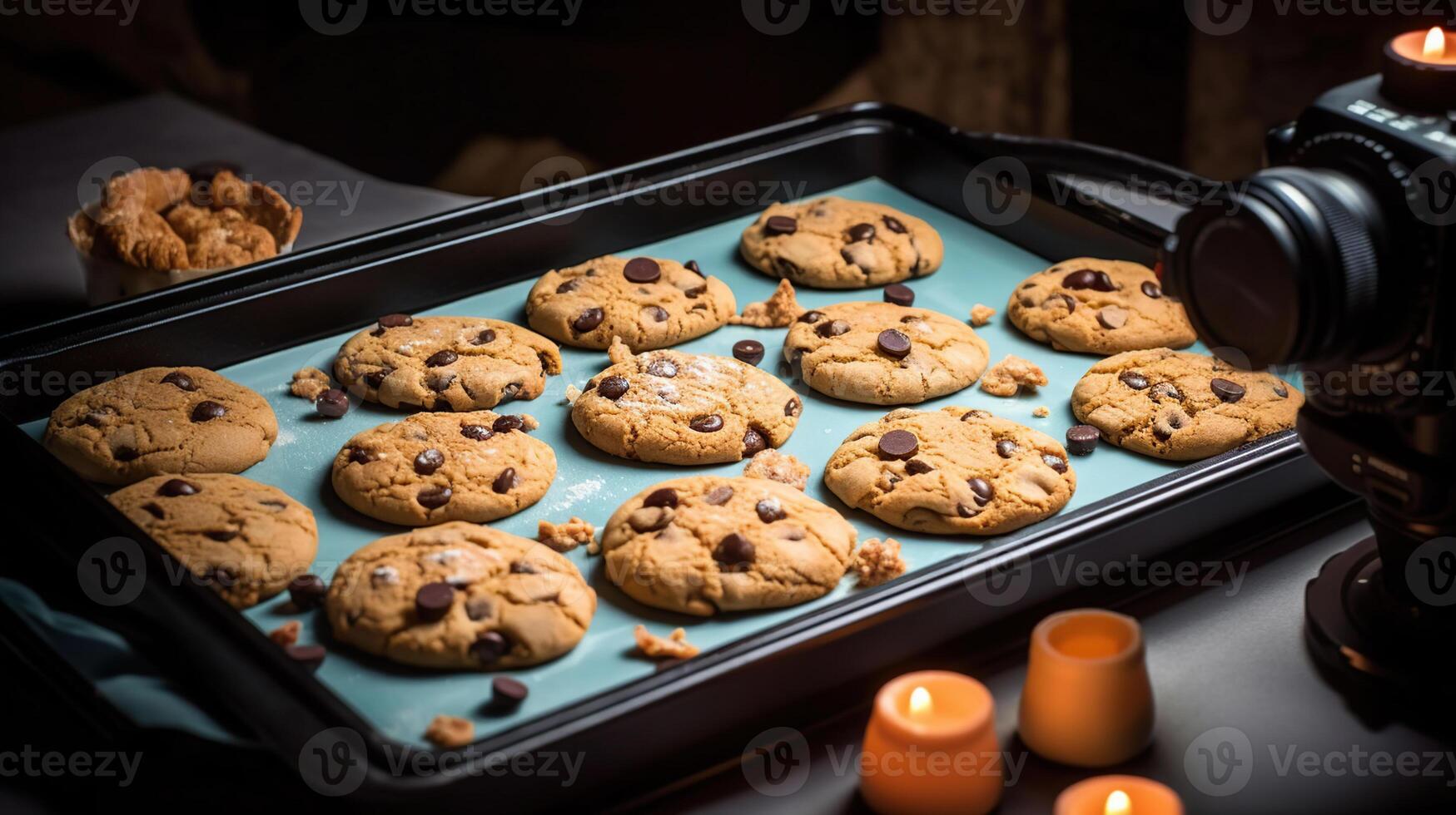 fraîchement cuit biscuits sur plateau, génératif ai photo