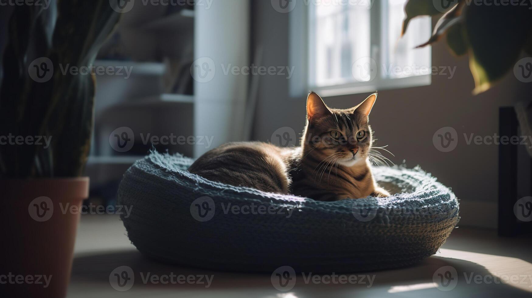 intérieur de lumière vivant pièce avec mignonne chat mensonge dans animal de compagnie lit, génératif ai photo
