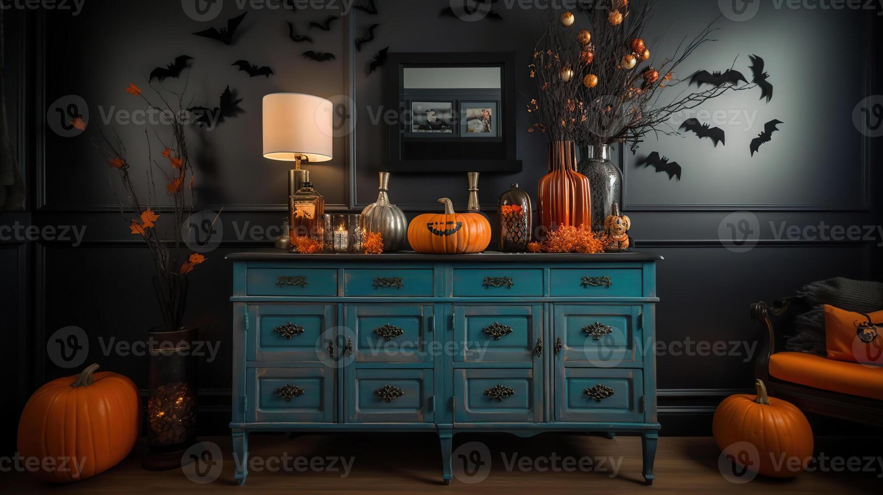 intérieur de vivant pièce décoré pour Halloween avec canapé et poitrine de tiroirs, généré ai photo