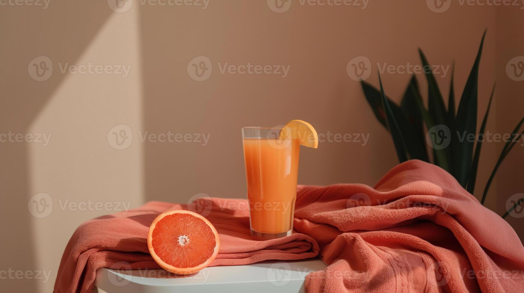 rouge serviette et verre de jus, génératif ai photo