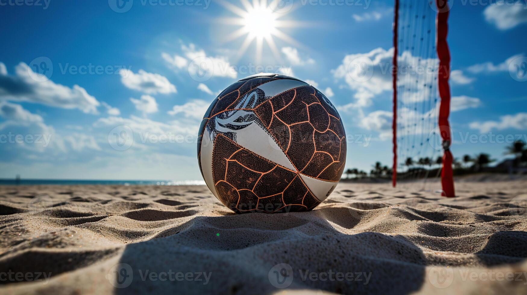 plage volley-ball. Jeu Balle en dessous de lumière du soleil et bleu ciel, génératif ai photo