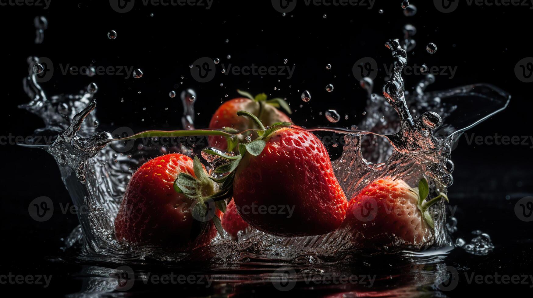 des fraises glissement par l'eau avec une bien éclaboussure et une noir arrière-plan, génératif ai photo