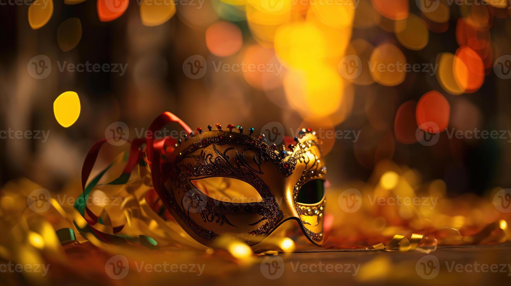 carnaval fête - vénitien masque sur Jaune satin avec brillant banderoles, génératif ai photo