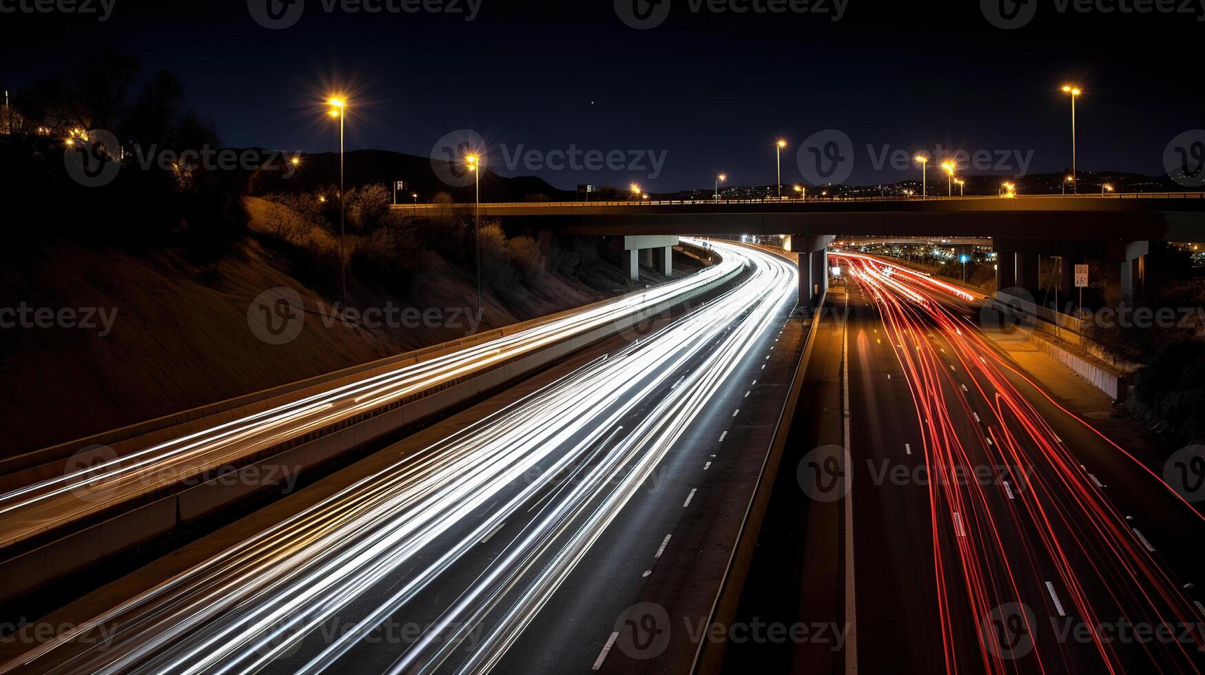 survol avec mouvement flou phares, génératif ai photo