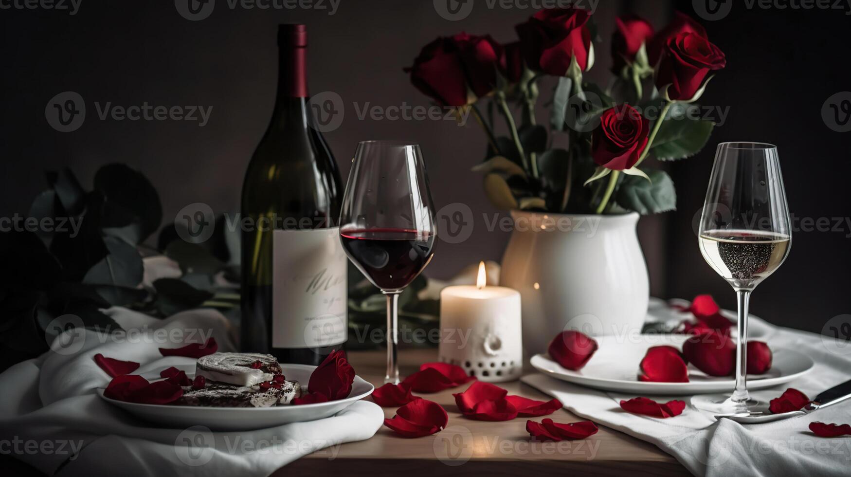 valentines journée dîner - blanc romantique table réglage avec du vin cadeau et rouge des roses, génératif ai photo