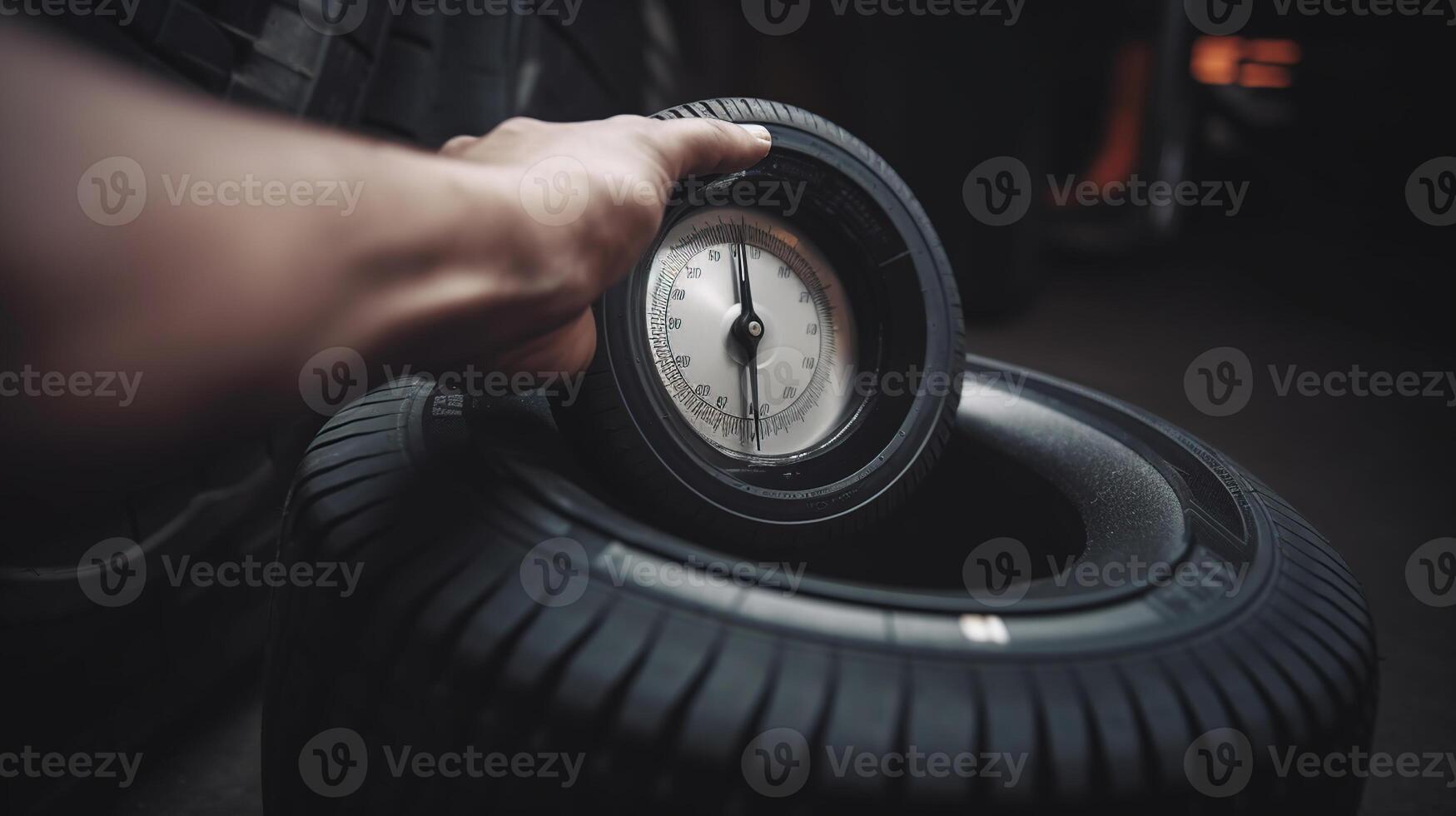 mécanicien vérification pneu bande de roulement profondeur et porter en utilisant une pneu jauge, voiture entretien concept, génératif ai photo