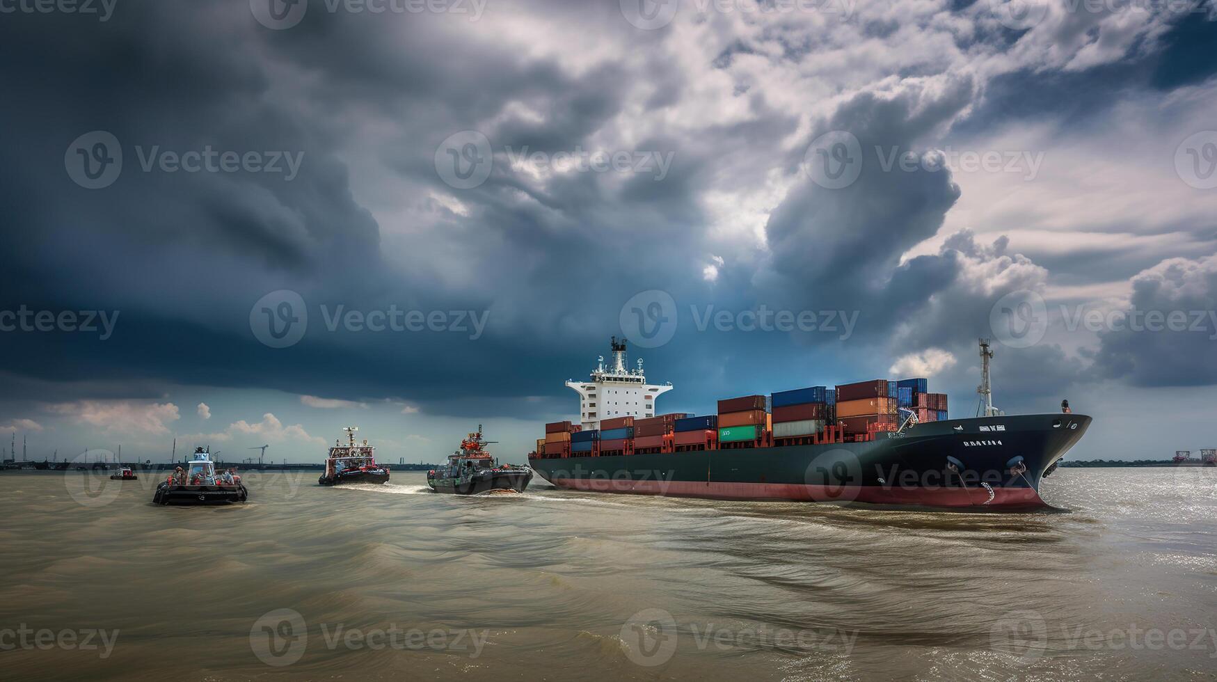 une remorqueurs bateau aider récipient navire à être accostage à industrail port, génératif ai photo