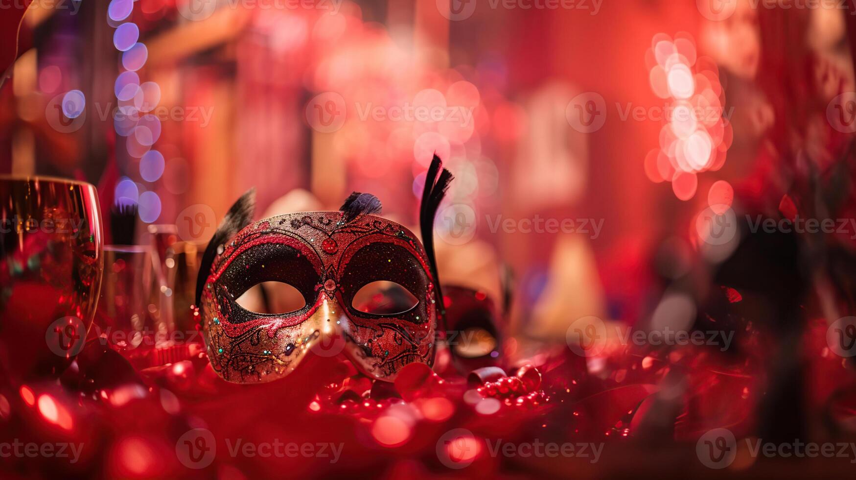 vénitien masques sur rouge briller avec brillant banderoles sur abstrait défocalisé bokeh lumières - carnaval faire la fête. génératif ai photo