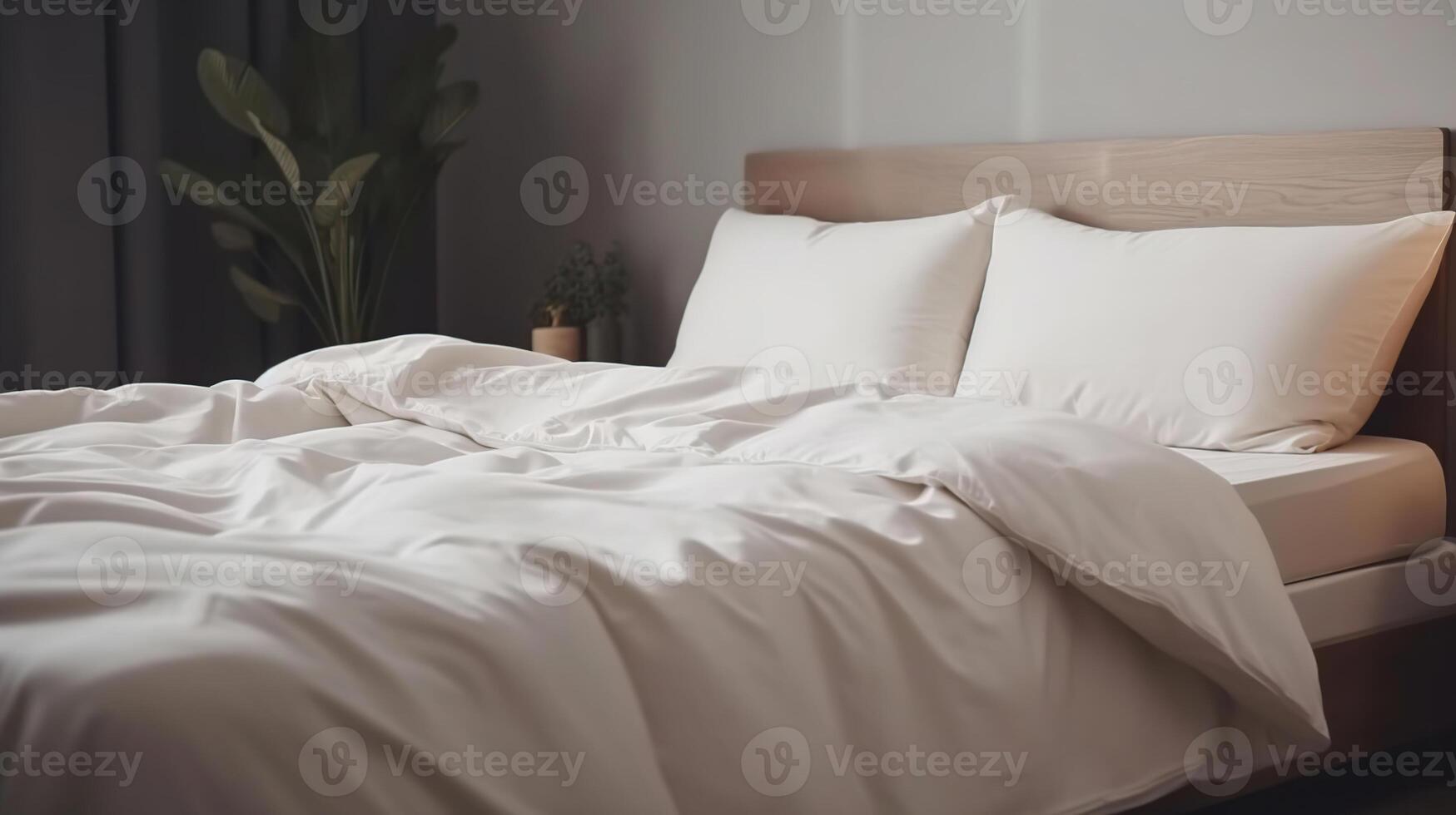 confortable lit avec doux blanc matelas, couverture, génératif ai photo