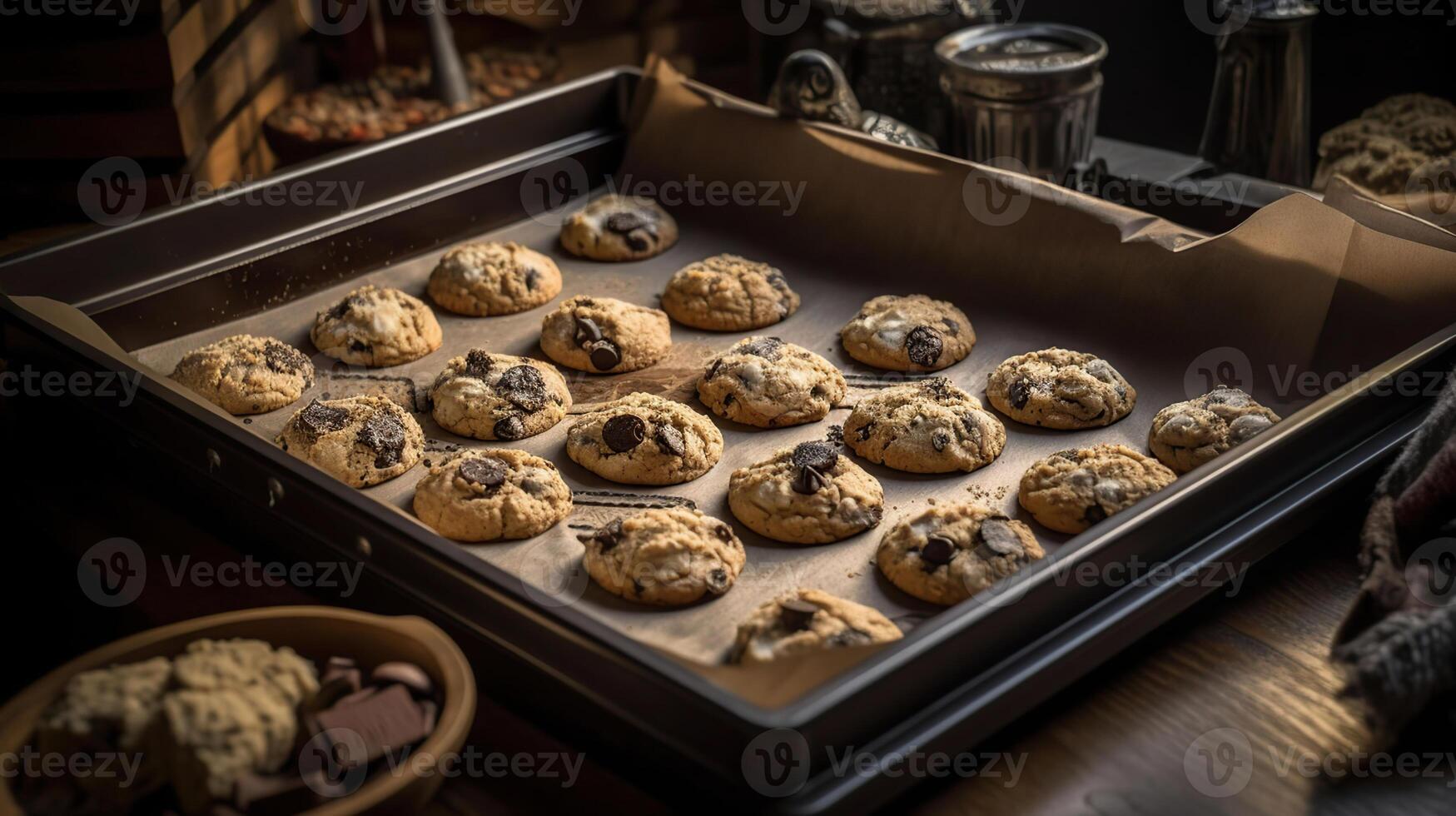 fraîchement cuit biscuits sur plateau, génératif ai photo