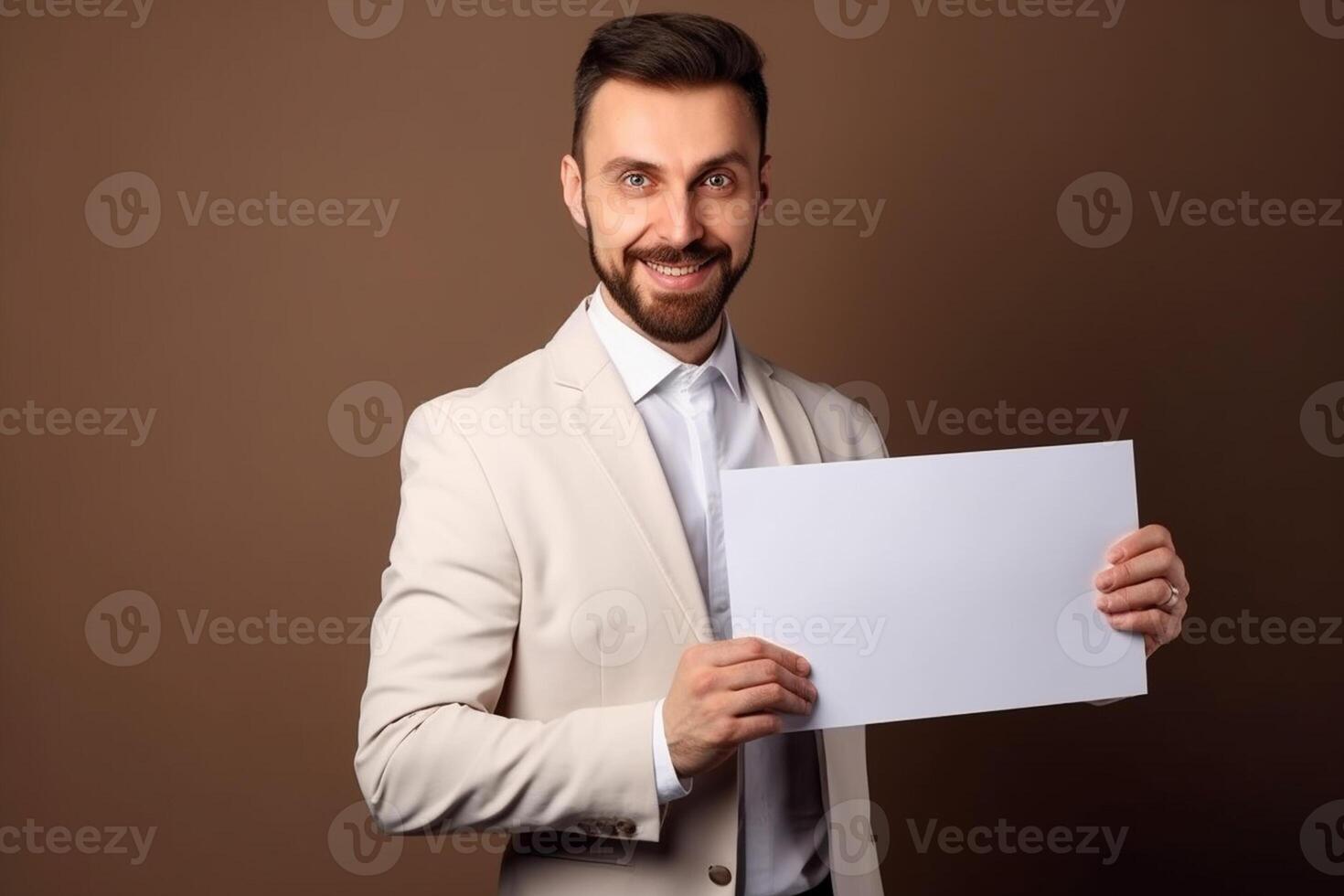 ai génératif une homme détient une Vide blanc signe planche maquette dans le sien main photo