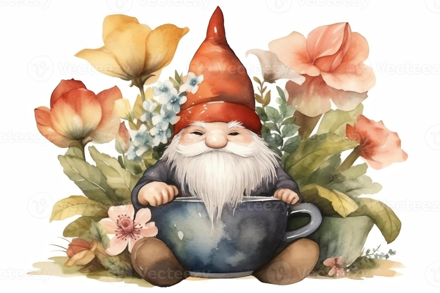 jardin gnome avec café agresser et fleurs aquarelle illustration café les amoureux. ai généré photo