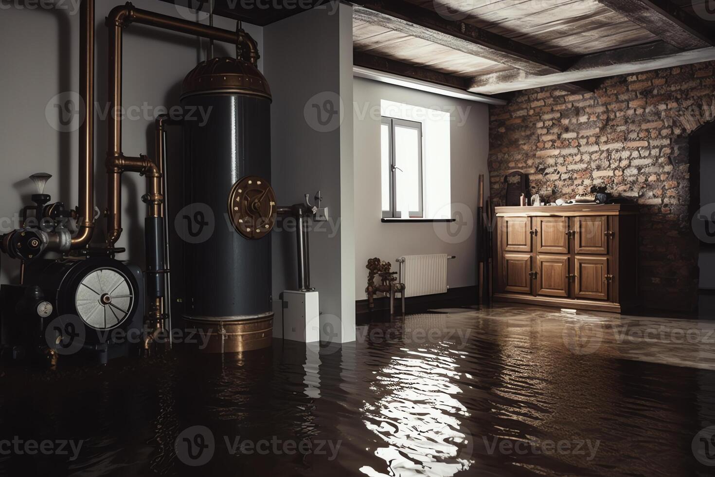 sous-sol avec une inondé intérieur et une Chaudière. ai généré photo