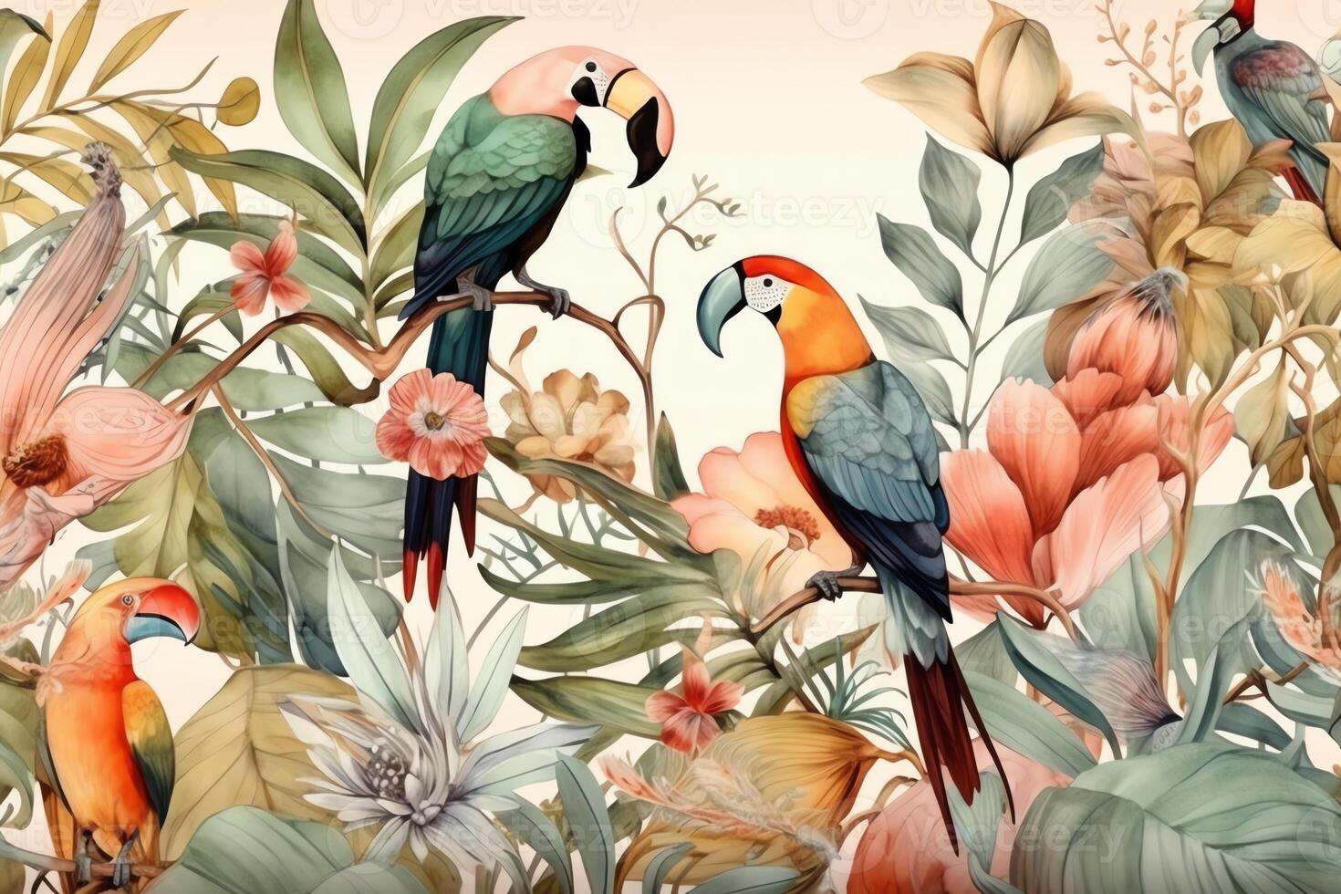 tropical aquarelle des oiseaux colibri singe et jaguar exotique jungle les plantes feuilles fleurs flamant pastel Couleur sans couture en tissu Contexte. ai généré photo