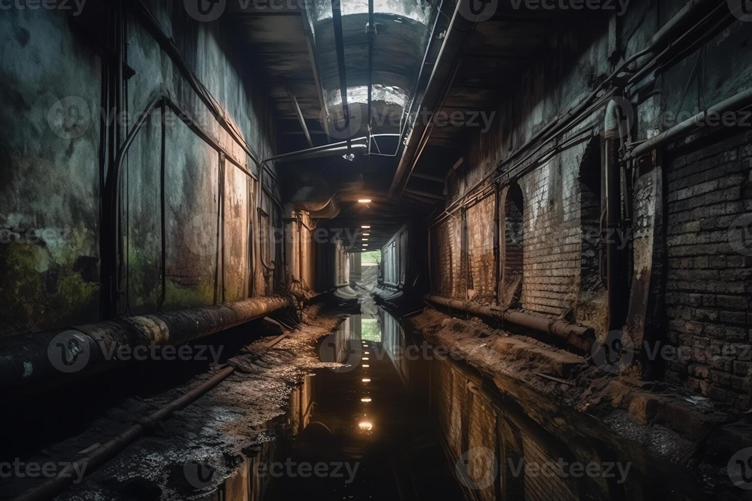 vieux historique voûté inondé souterrain drainage tunnel. ai généré photo