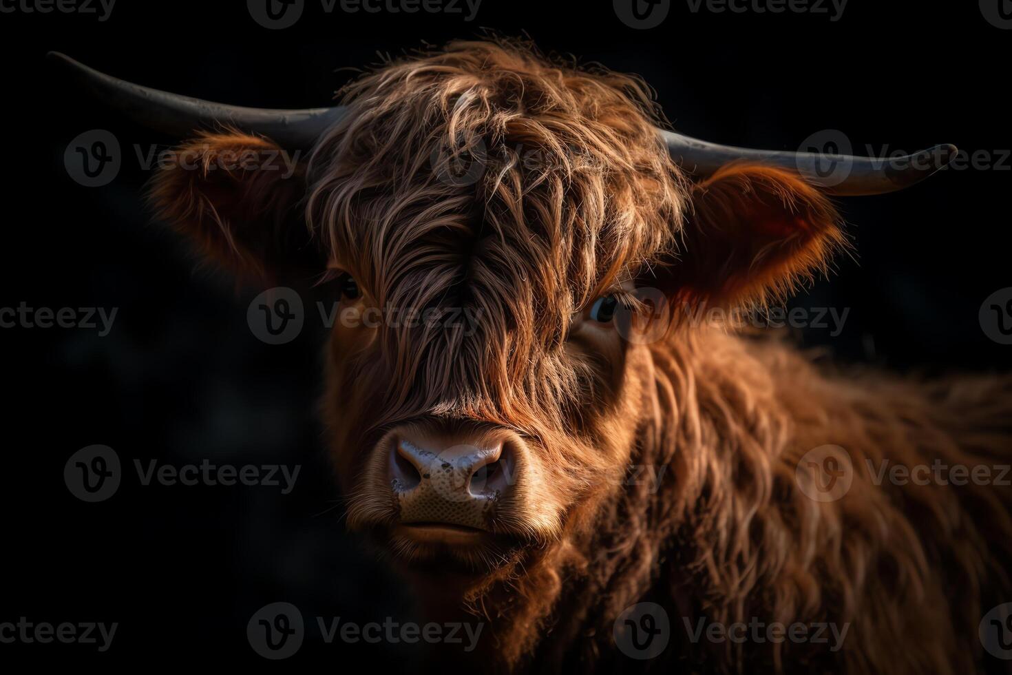 portrait de montagnes vache veau dans Écosse foncé couleurs. ai généré photo