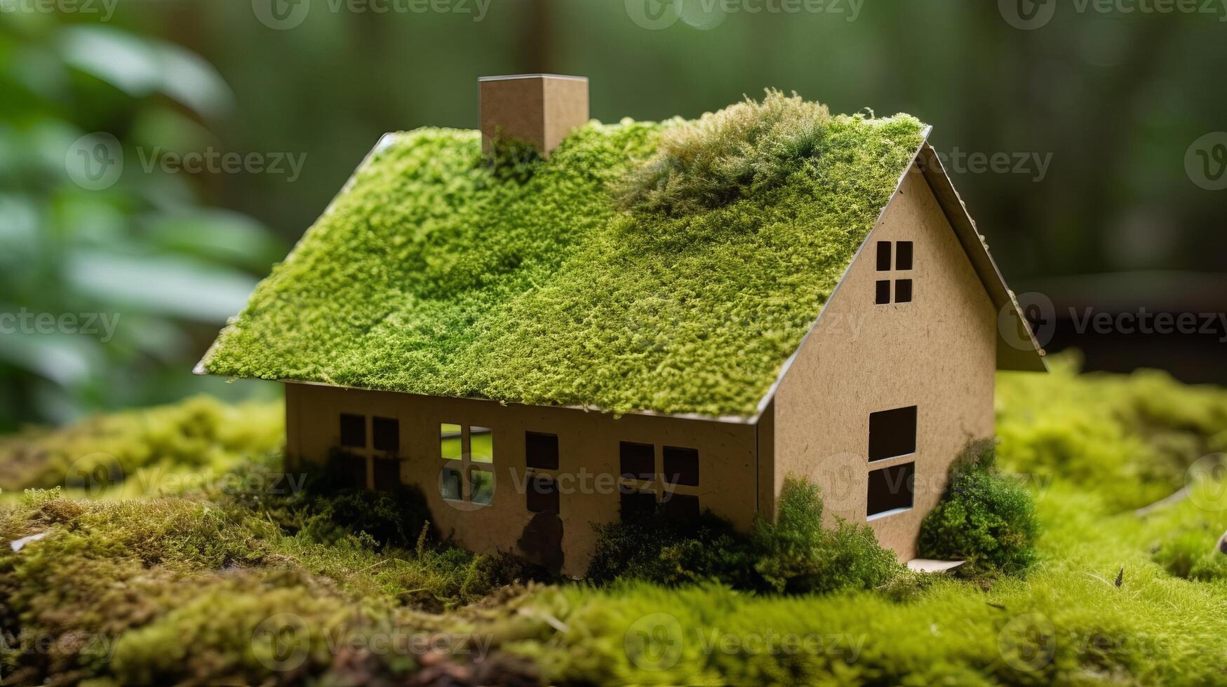 une papier privé installé sur une lit de verdure dans une faire, montrant un respectueux de la nature maison. Créatif Ressource, ai généré photo