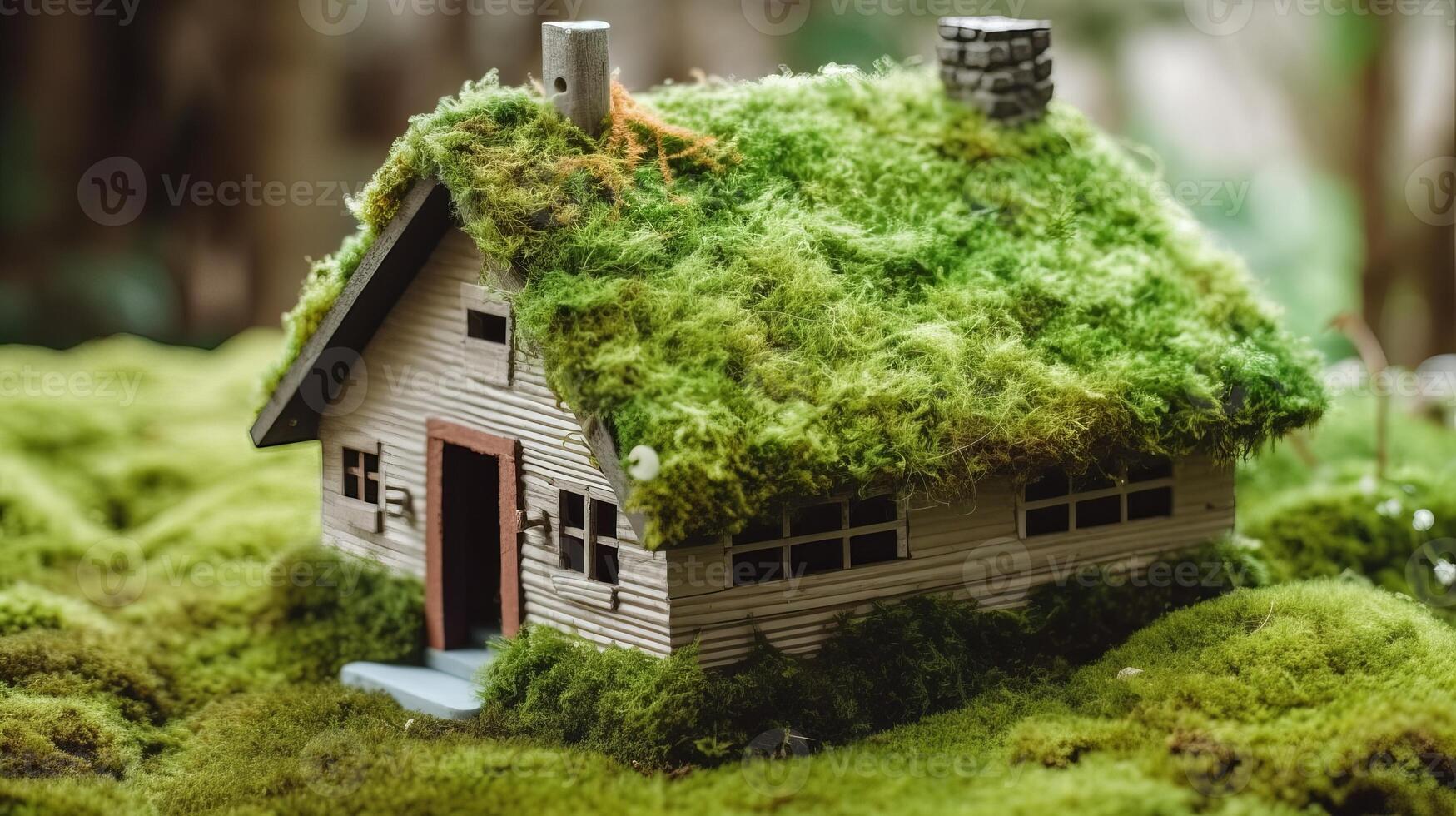 une papier privé installé sur une lit de verdure dans une faire, montrant un respectueux de la nature maison. Créatif Ressource, ai généré photo