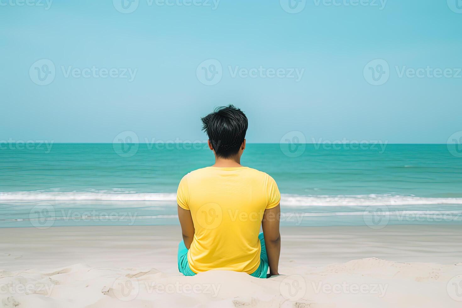 retour vue de une homme séance sur une plage. ai généré photo