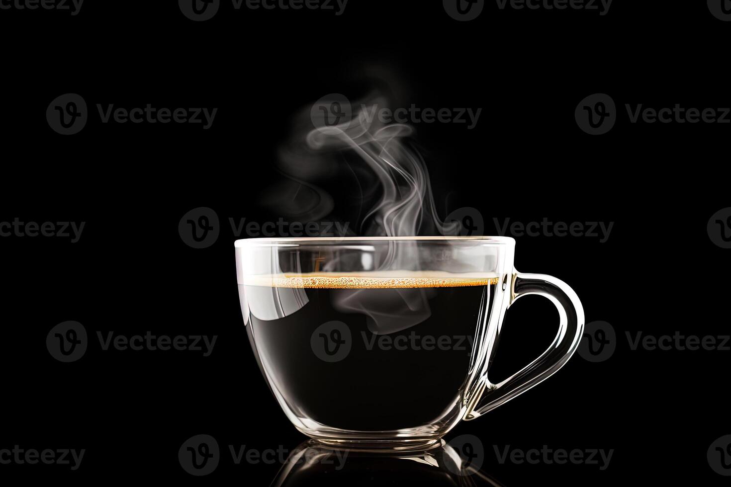 proche en haut une tasse de une noir chaud café avec fumée sur noir Contexte. ai généré photo