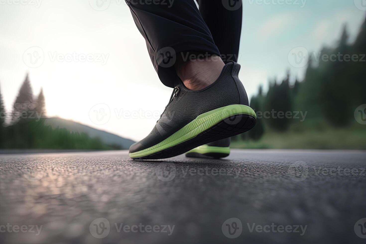 jambes vue de une la personne en marchant sur le route portant des sports chaussures. ai généré photo