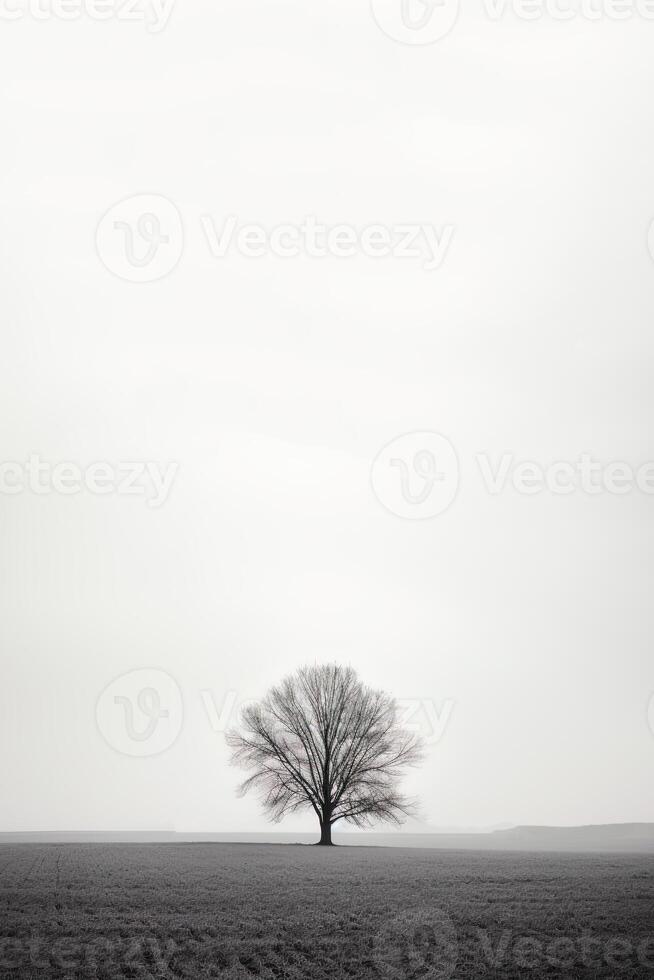 une seul arbre des stands seul dans une brumeux champ avec copie espace pour texte. ai généré photo