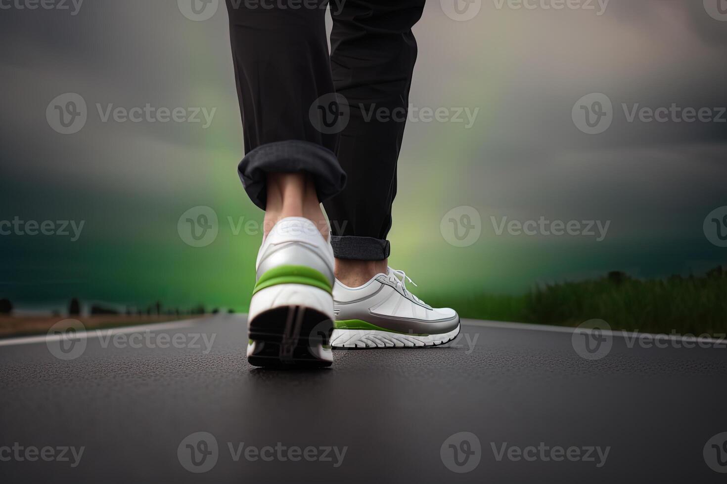 jambes vue de une la personne en marchant sur le route portant des sports chaussures. ai généré photo