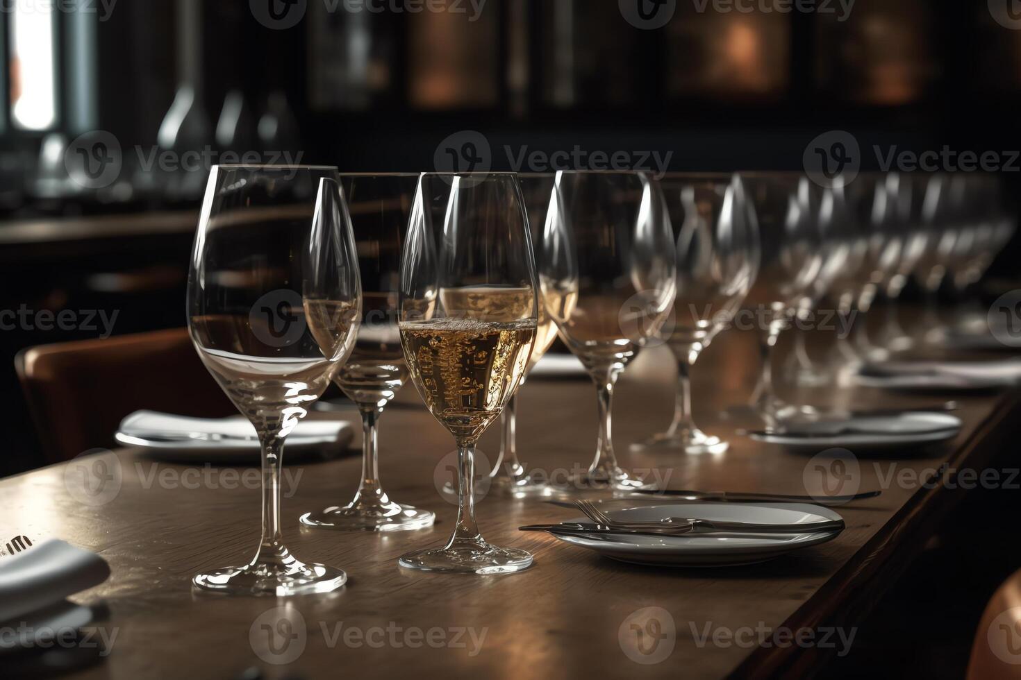 une table dans une restaurant a des lunettes de Champagne ou blanc du vin arrangé sur il. ai généré photo