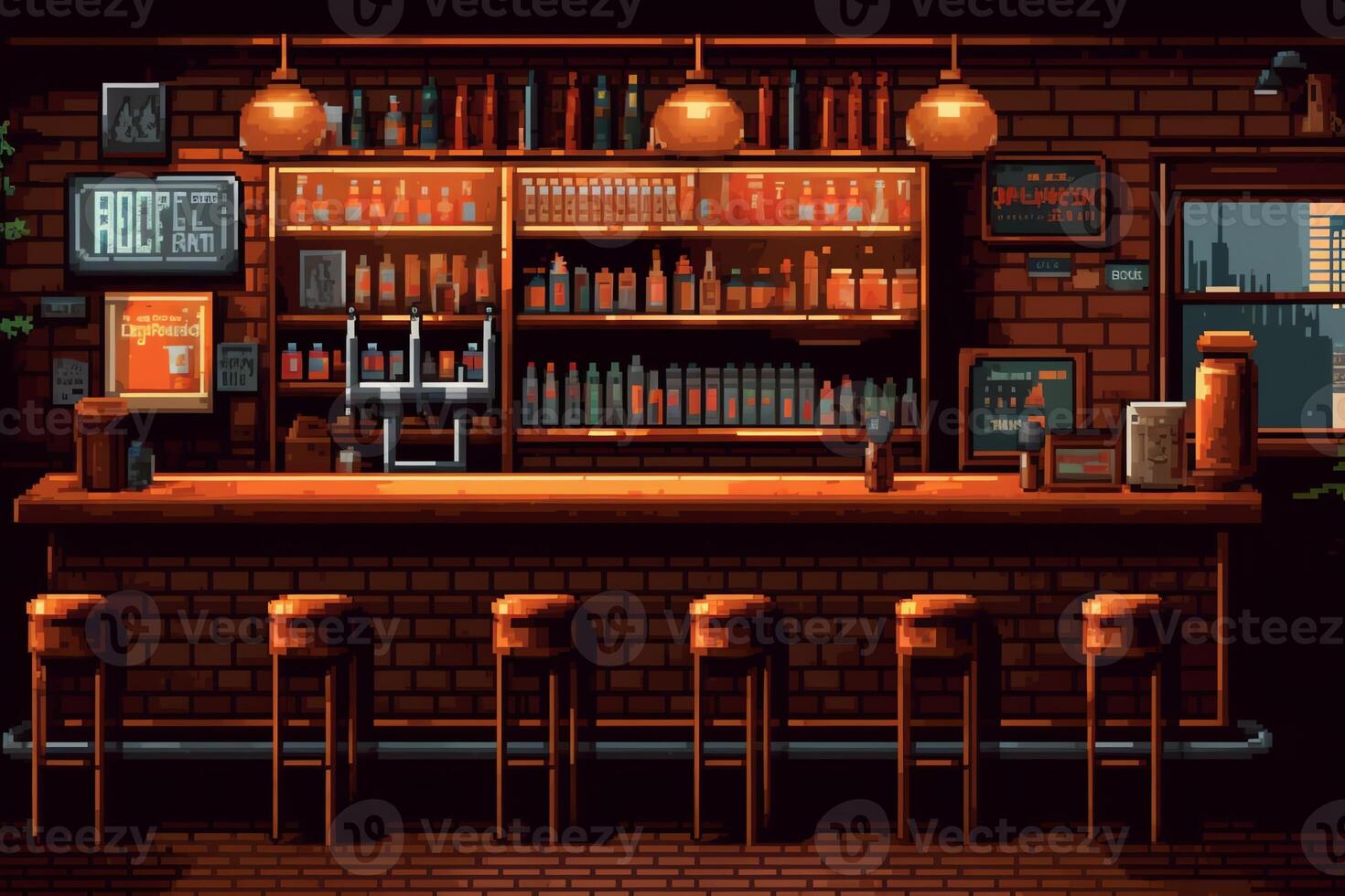 intérieur de une bar avec une compteur les boissons et selles fabriqué de bois pixel art style ai numérique illustration. ai généré photo