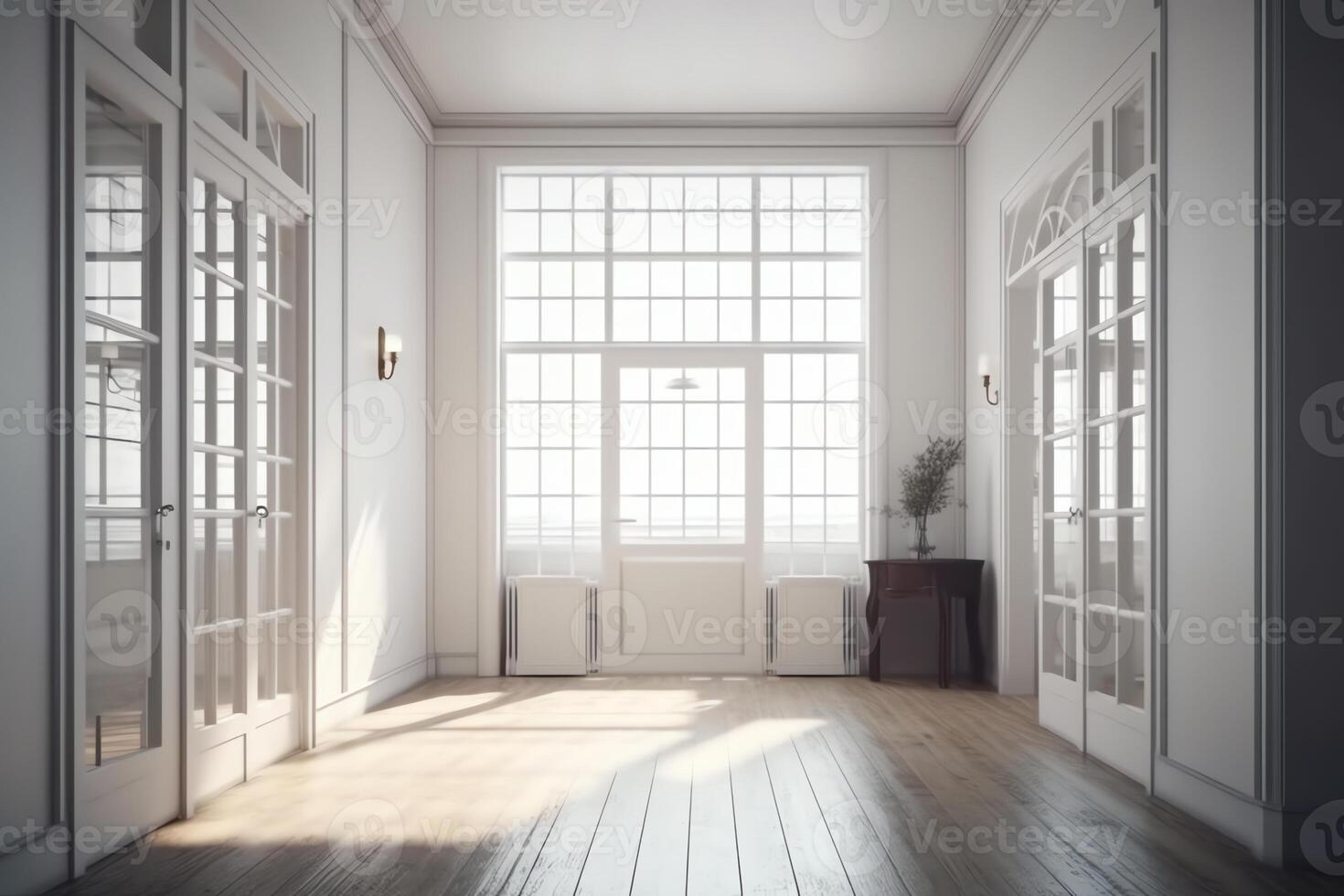 ancien blanc pièce avec porte et fenêtre dans Nouveau Accueil 3d le rendu. ai généré photo