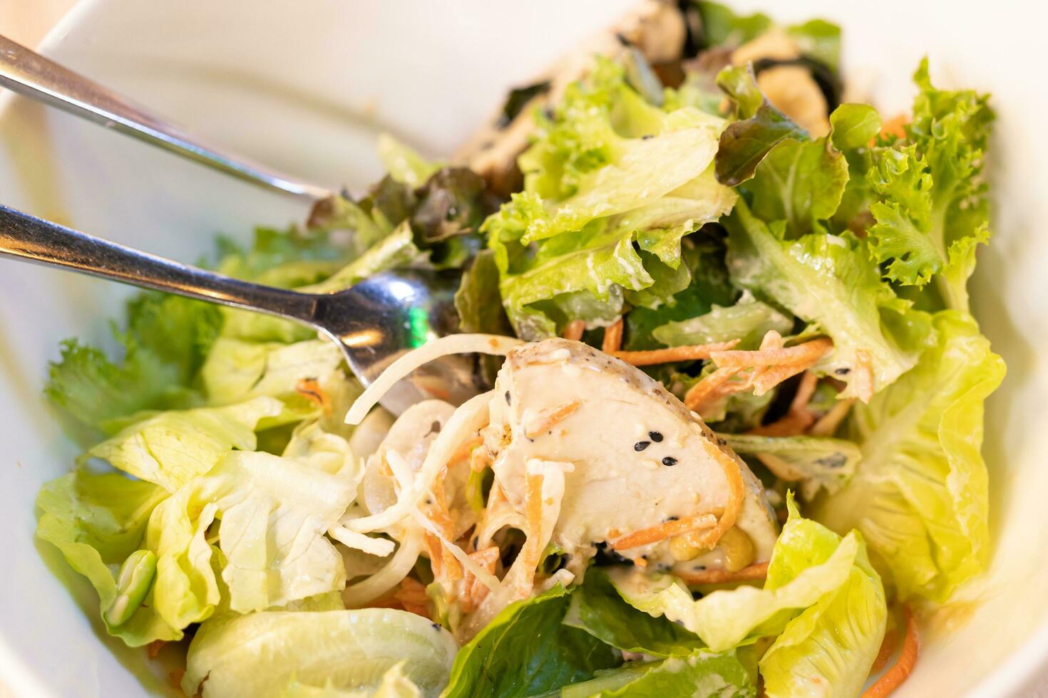 régime petit déjeuner et le déjeuner pour poids perte faible calorie manège santé et aptitude. poulet salade avec Japonais soja Marinade et sésame graines. photo