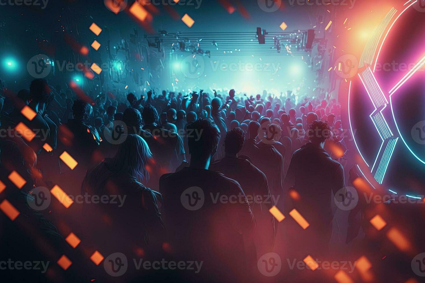 silhouette de gens à concert ou la musique Festival avec néon lumières. ai photo