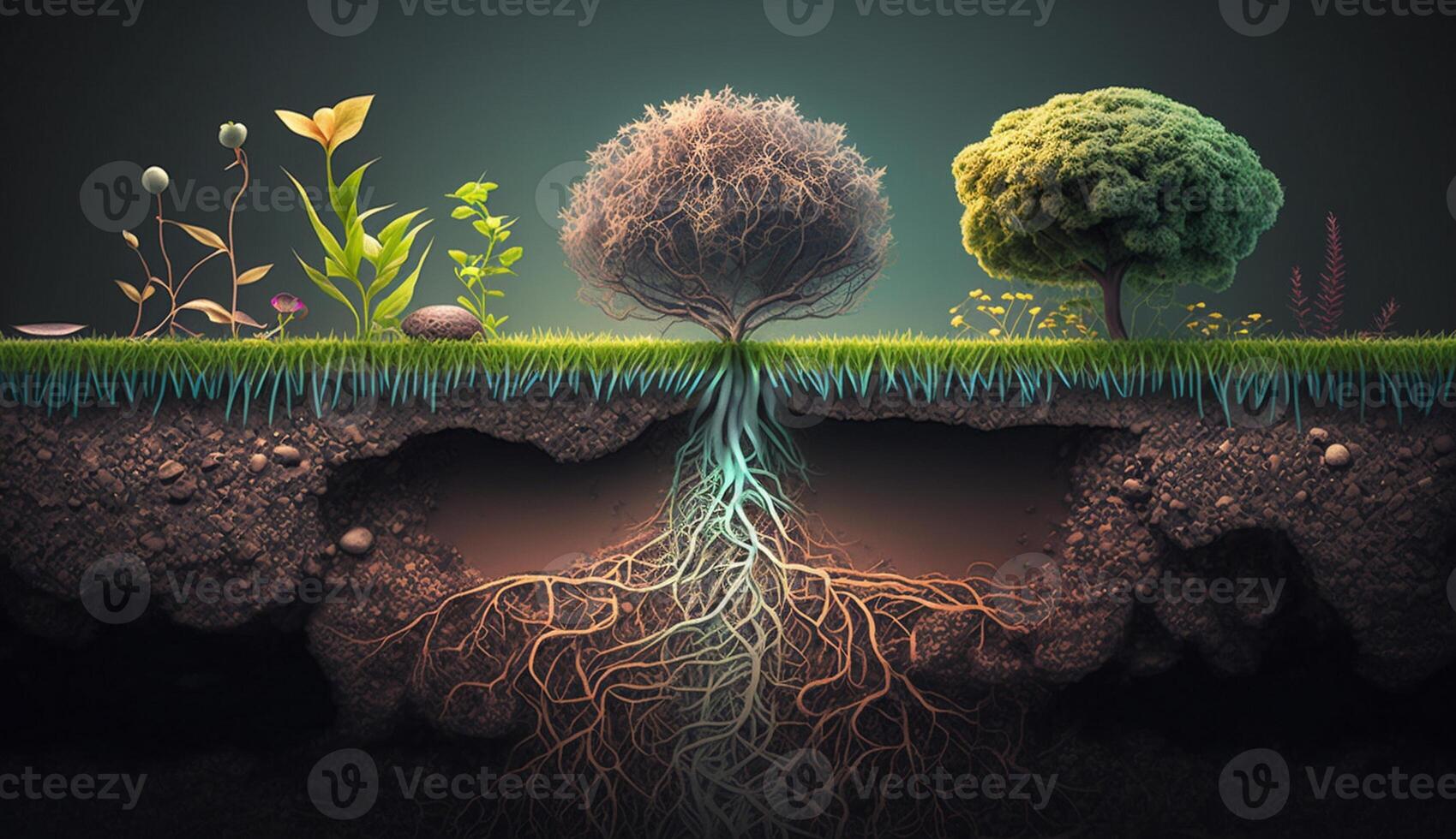 les plantes croissance sur le surface et les racines souterrain, Terre section concept, génératif ai illustration photo