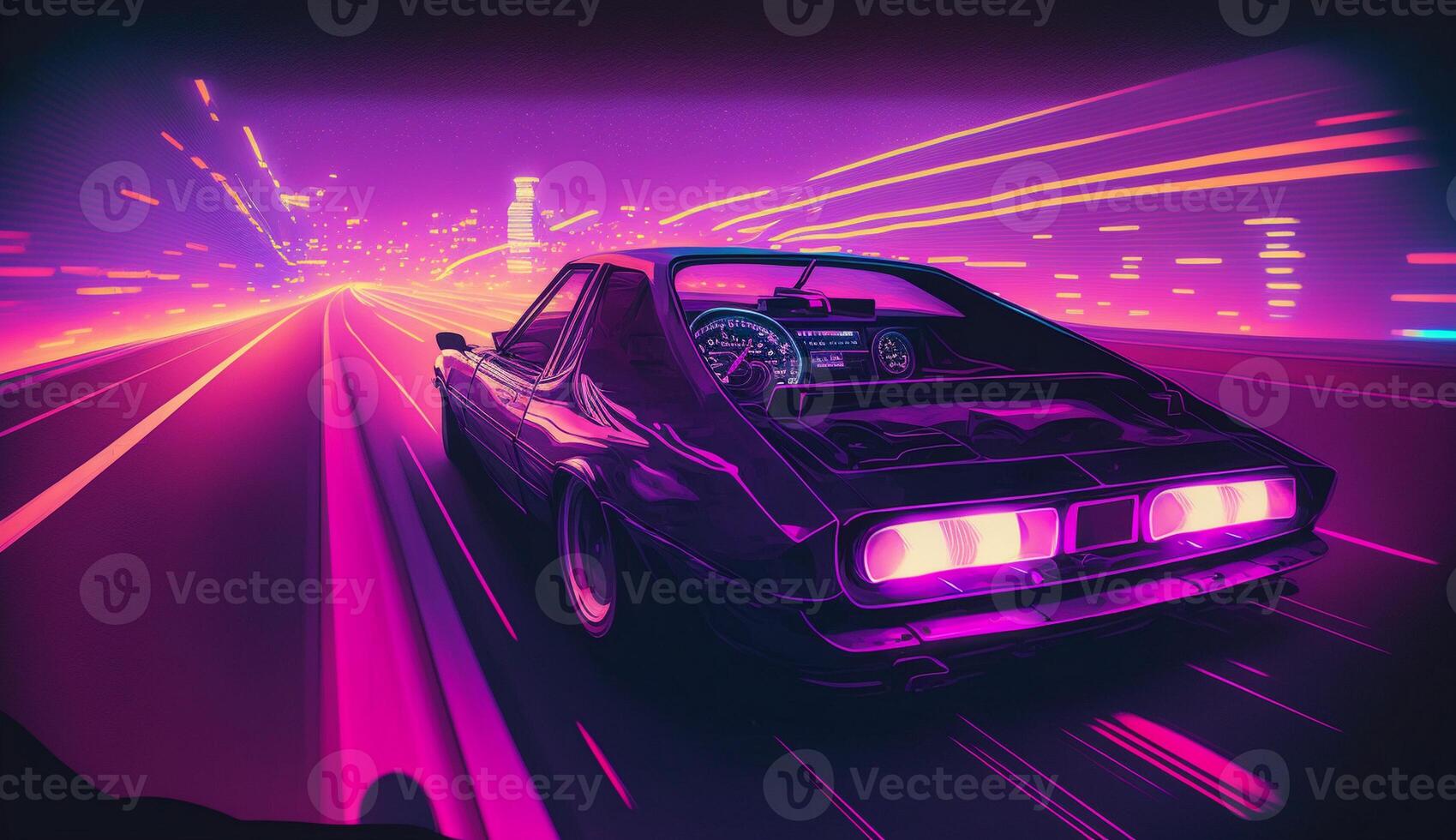 cyberpunk futuriste rétro vague synthé vague voiture, rétro des sports voiture avec néon contre-jour contours, génératif ai photo