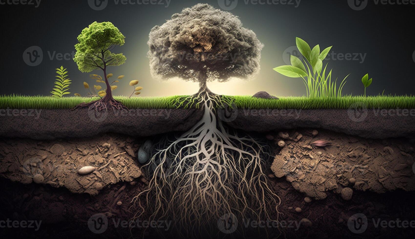 les plantes croissance sur le surface et les racines souterrain, Terre section concept, génératif ai illustration photo