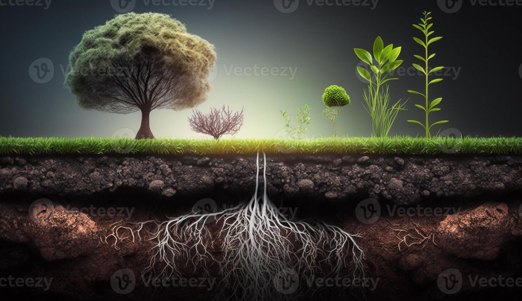 les plantes croissance sur le surface et les racines souterrain, Terre section concept, génératif ai illustration photo