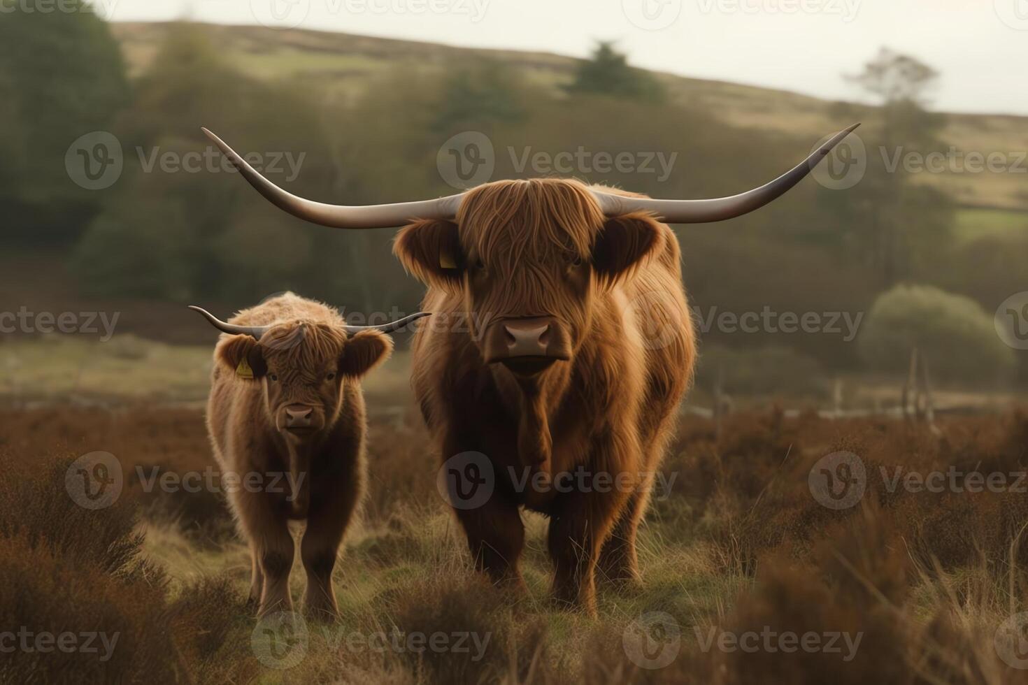 montagnes vache et veau dans champ. ai généré photo