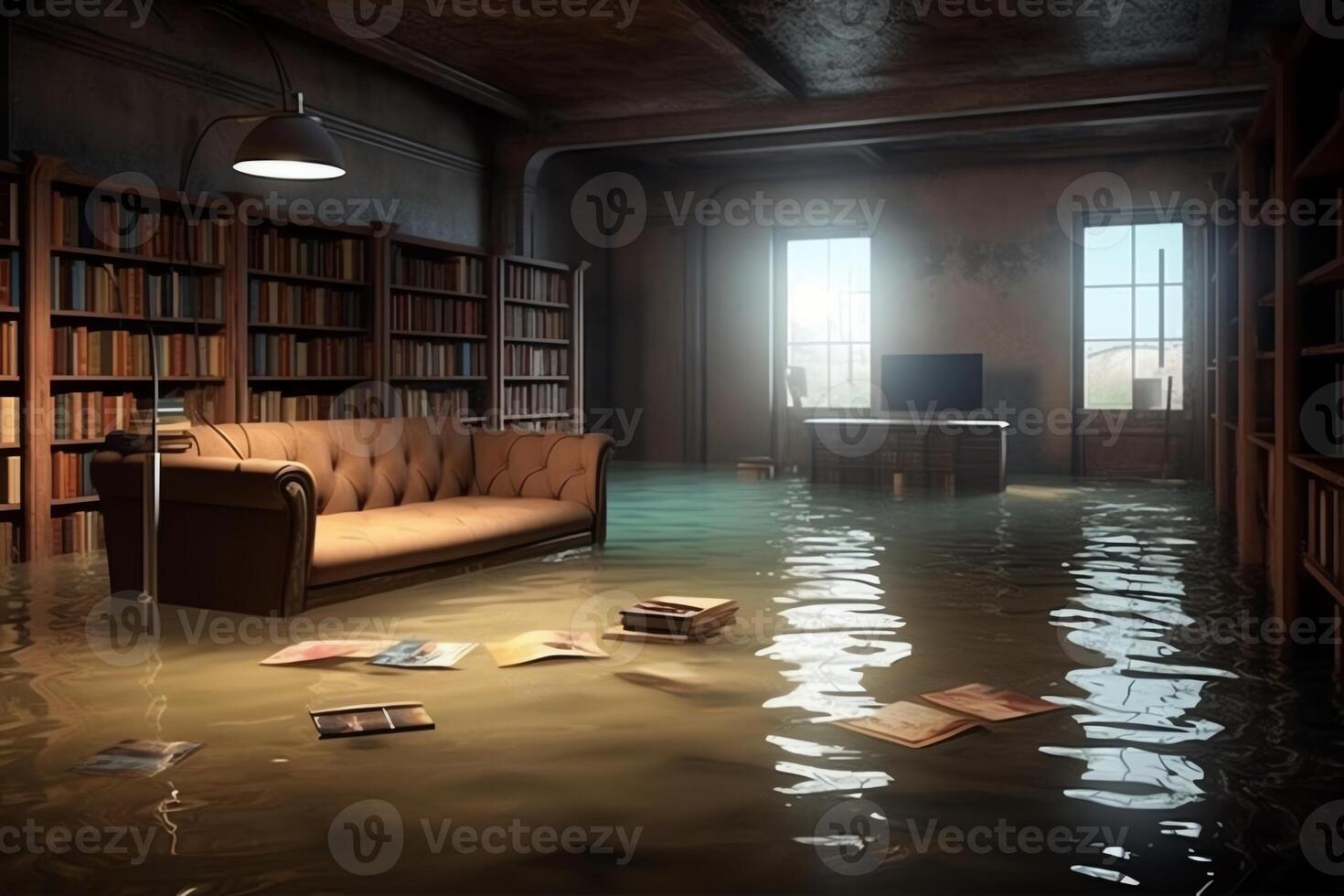 créer une bibliothèque dans une inondé sous-sol. ai généré photo