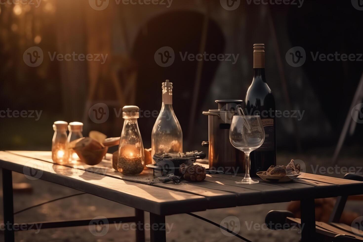 concept un barbecue ou pique-nique ou fête scène avec charbon gril servi table avec bouteille de Champagne du vin. ai généré photo