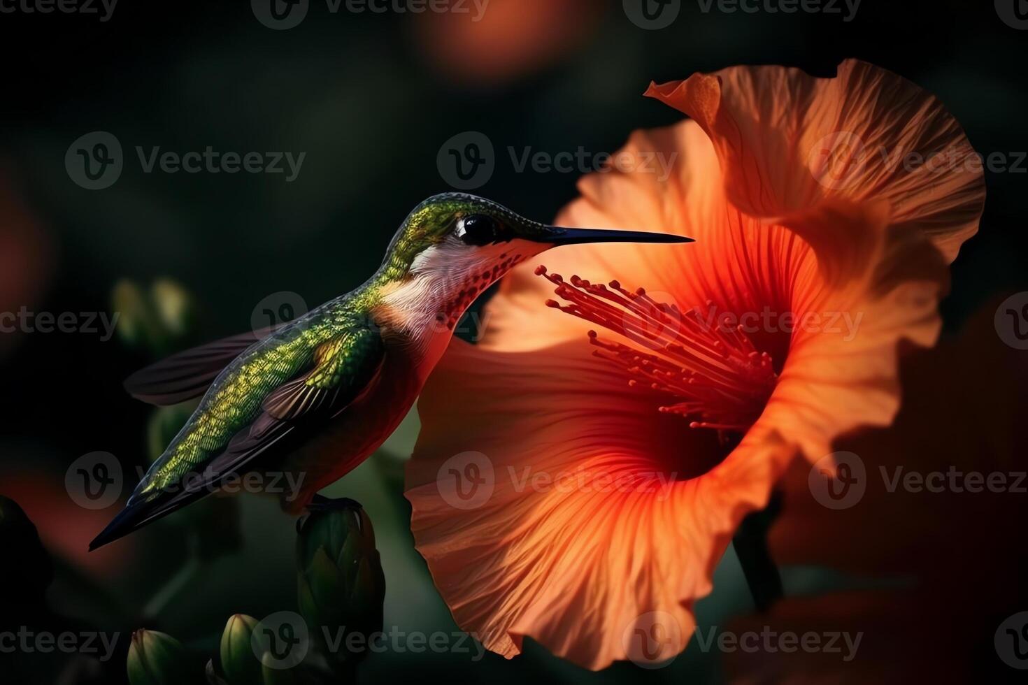 le art de pollinisation colibri alimentation sur hibiscus fleur magnifique la photographie. ai généré photo