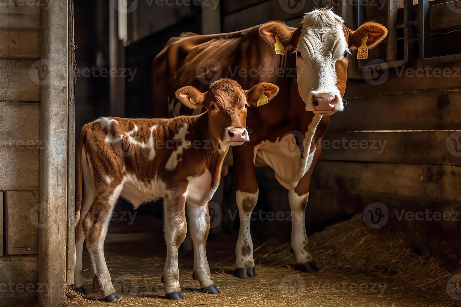 ici ré vache avec veau dans une Grange. ai généré photo