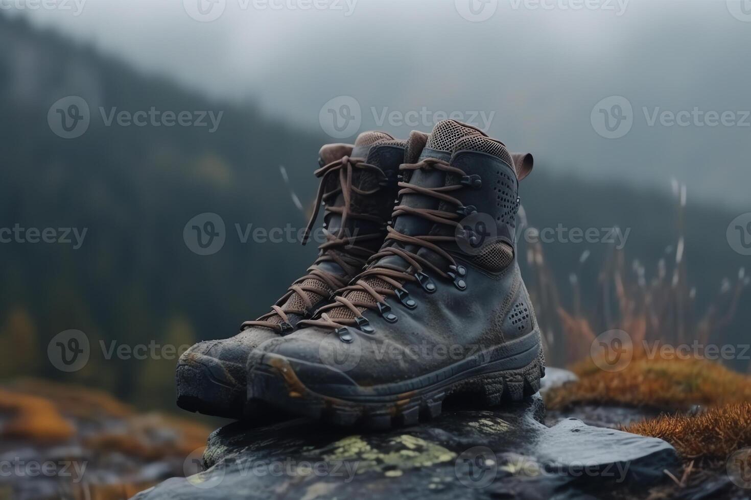 com table randonnée bottes supporter sur une Roche contre le toile de fond de une pluvieux journée dans le Montagne. ai généré photo