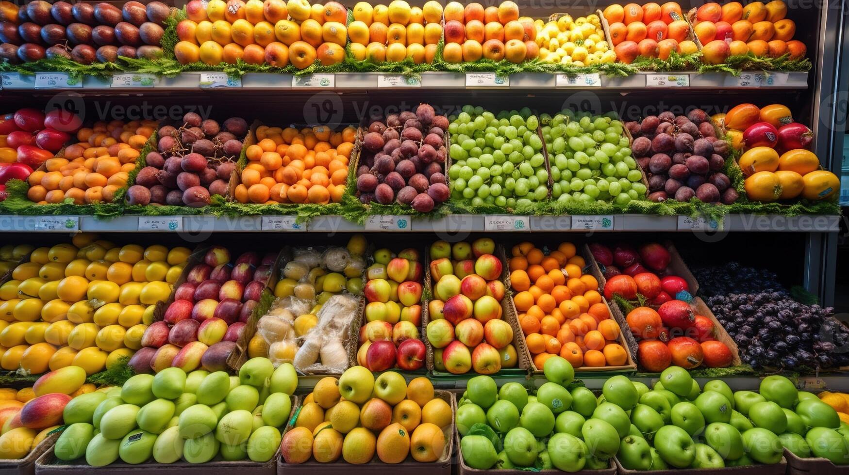 coloré tableau de Frais des fruits sur afficher à local marchand de légumes. génératif ai photo