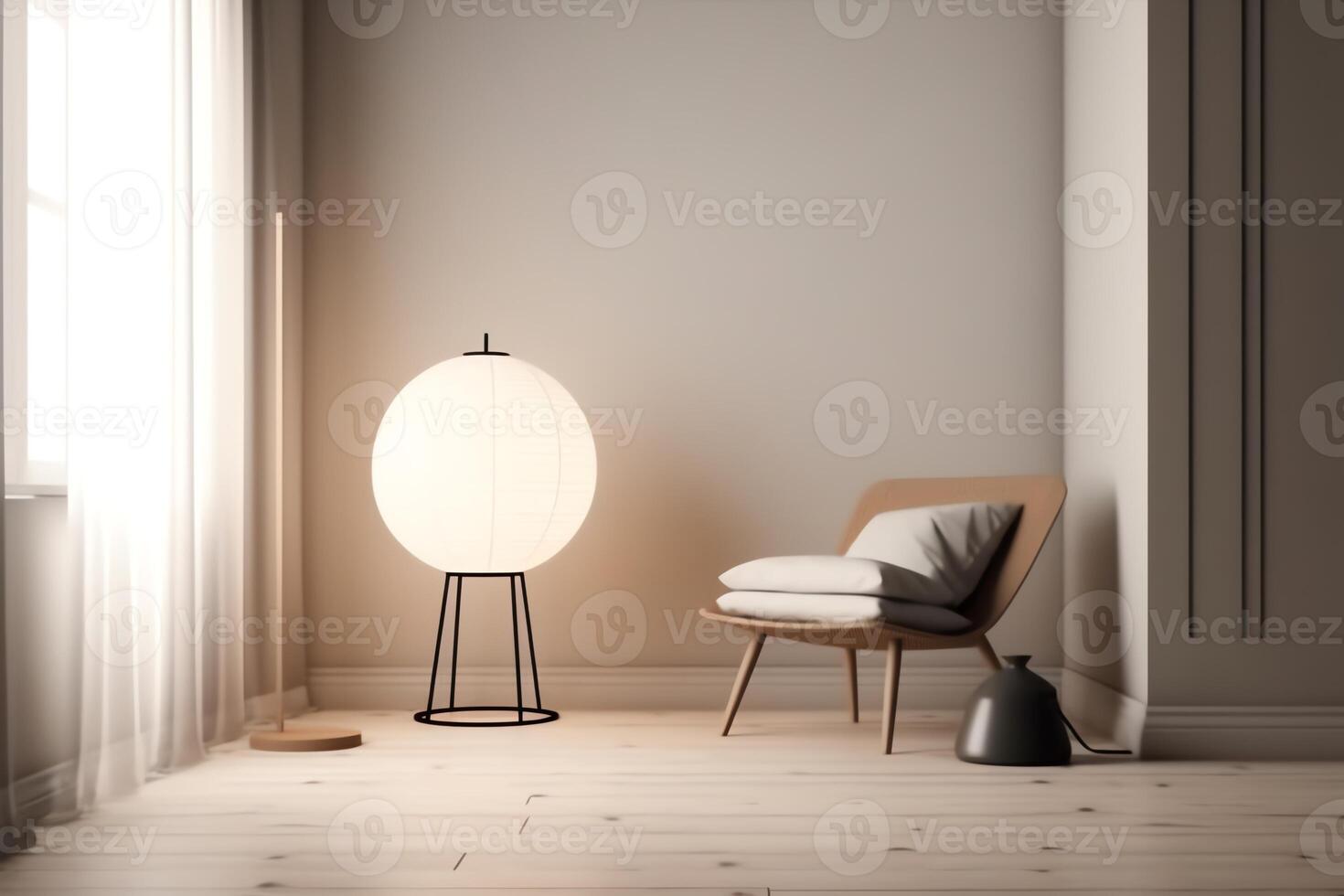 brillant pièce intérieur maquette avec en bois sol lampe blanc pouf et en bois sol avec blanc mur vide pièce intérieur conception blanc brillant mur maquette 3d rendre. ai généré photo